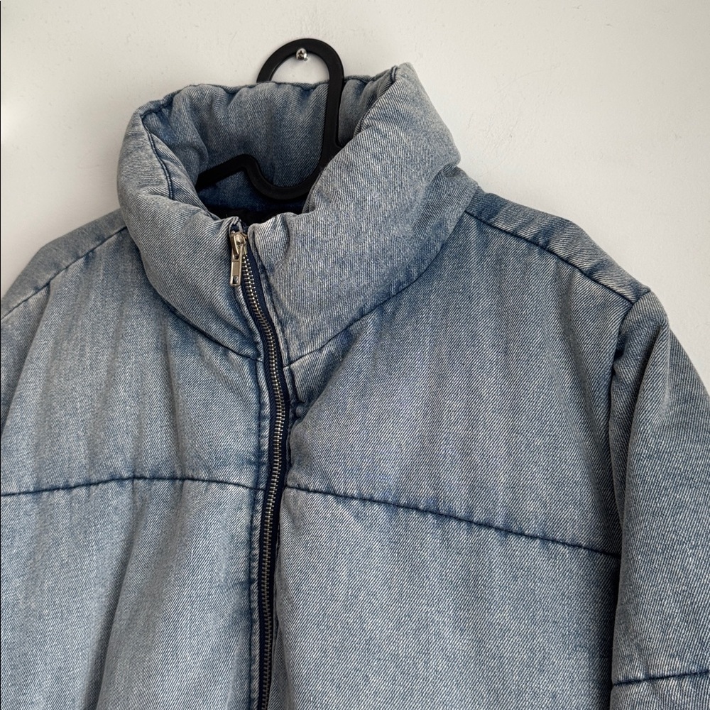 Light Blue Oversized Denim Puffer Jacket - Picture 3 of 10